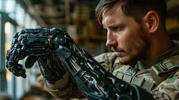 AI generated Young handsome military man with bionic prosthetic arm photo