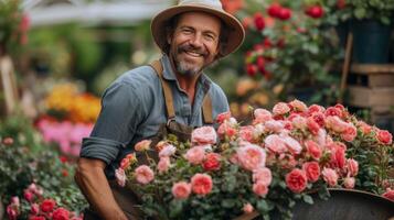 ai generado joven hermoso hombre jardinero rollos rosas en ollas en un carretilla foto