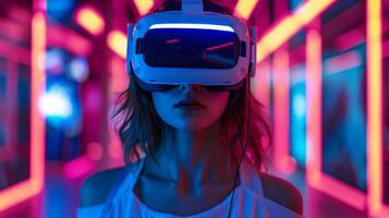 AI generated Young woman in VR glasses plays a computer game in the middle of a neon room photo