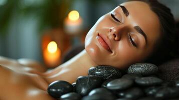 AI generated Young woman lying on spa treatment with black stones photo