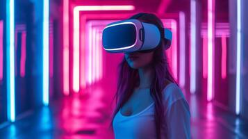 AI generated Young woman in VR glasses plays a computer game in the middle of a neon room photo