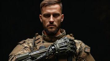 AI generated Young handsome military man with bionic prosthetic arm photo