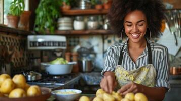 AI generated Young woman peeling potatoes in the kitchen while sitting on a stool and smiling photo