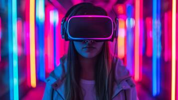 AI generated Young woman in VR glasses plays a computer game in the middle of a neon room photo