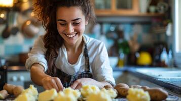 AI generated Young woman peeling potatoes in the kitchen while sitting on a stool and smiling photo