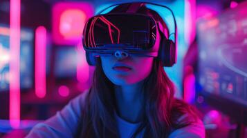 ai generado joven mujer en vr lentes obras de teatro un computadora juego en el medio de un neón habitación foto