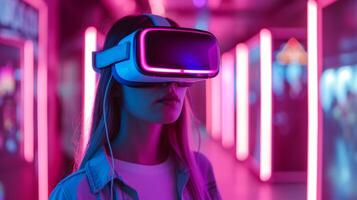 AI generated Young woman in VR glasses plays a computer game in the middle of a neon room photo