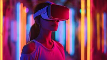 AI generated Young woman in VR glasses plays a computer game in the middle of a neon room photo
