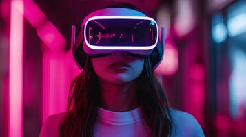 AI generated Young woman in VR glasses plays a computer game in the middle of a neon room photo