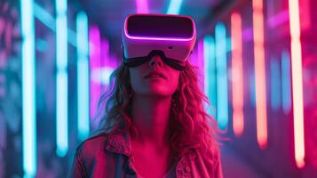 AI generated Young woman in VR glasses plays a computer game in the middle of a neon room photo