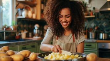 AI generated Young woman peeling potatoes in the kitchen while sitting on a stool and smiling photo