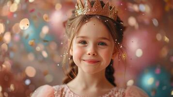 ai generado un hermosa 10 años niña en un rosado vestir y un oro corona en su cabeza mira a el cámara, sonriente foto