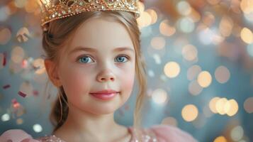 ai generado un hermosa 10 años niña en un rosado vestir y un oro corona en su cabeza mira a el cámara, sonriente foto