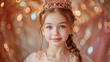 AI generated A beautiful 10-year-old girl in a pink dress and a gold crown on her head looks at the camera, smiling photo