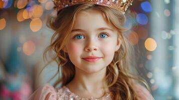 AI generated A beautiful 10-year-old girl in a pink dress and a gold crown on her head looks at the camera, smiling photo