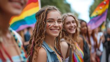 AI generated Young women and men walking down the street with rainbow flags photo