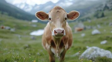 ai generado un hermosa vaca mira dentro el cámara foto