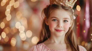 AI generated A beautiful 10-year-old girl in a pink dress and a gold crown on her head looks at the camera, smiling photo