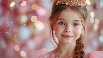 AI generated A beautiful 10-year-old girl in a pink dress and a gold crown on her head looks at the camera, smiling photo