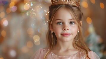ai generado un hermosa 10 años niña en un rosado vestir y un oro corona en su cabeza mira a el cámara, sonriente foto