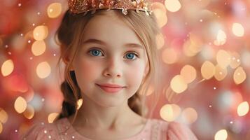 AI generated A beautiful 10-year-old girl in a pink dress and a gold crown on her head looks at the camera, smiling photo