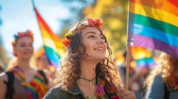 AI generated Young women and men walking down the street with rainbow flags photo