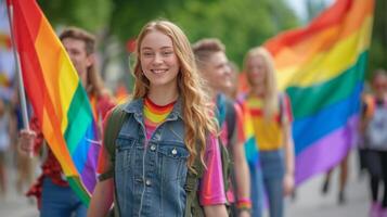 ai generado joven mujer y hombres caminando abajo el calle con arco iris banderas foto