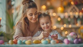 AI generated A beautiful 10-year-old girl paints Easter eggs with her mother photo