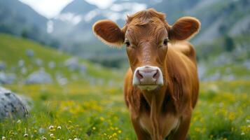 ai generado un hermosa vaca mira dentro el cámara foto