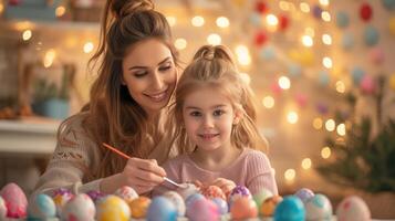 AI generated A beautiful 10-year-old girl paints Easter eggs with her mother photo
