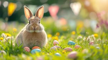 AI generated A beautiful fluffy Easter bunny hides colorful eggs in the green grass and looks at the camera photo