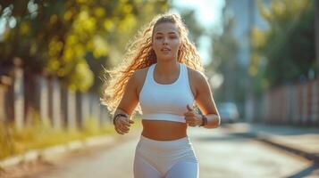 ai generado un hermosa curvilíneo niña en un blanco aptitud traje carreras abajo el calle foto