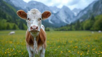 ai generado un hermosa vaca mira dentro el cámara foto