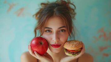 AI generated A beautiful girl doubts what she should eat. In one hand she has a Burger in the other - an apple photo