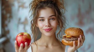 ai generado un hermosa niña dudas qué ella debería comer. en uno mano ella tiene un hamburguesa en el otro - un manzana foto