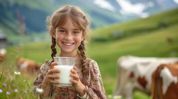 AI generated A beautiful girl with a glass of milk in her hand looks smiling at the camera photo