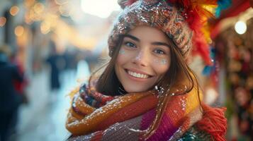 AI generated A beautiful girl smiling looks at the camera in festive clothes photo