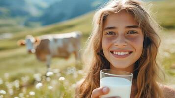 AI generated A beautiful girl with a glass of milk in her hand looks smiling at the camera photo