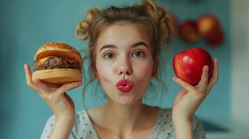 ai generado un hermosa niña dudas qué ella debería comer. en uno mano ella tiene un hamburguesa en el otro - un manzana foto