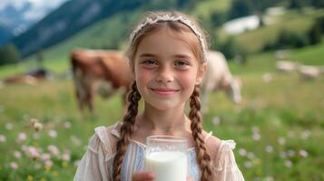 AI generated A beautiful girl with a glass of milk in her hand looks smiling at the camera photo