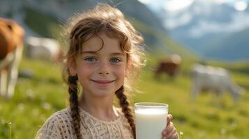 AI generated A beautiful girl with a glass of milk in her hand looks smiling at the camera photo