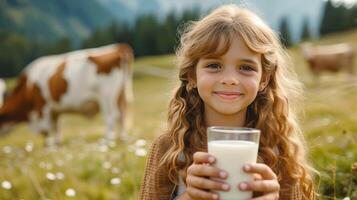 AI generated A beautiful girl with a glass of milk in her hand looks smiling at the camera photo