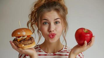 ai generado un hermosa niña dudas qué ella debería comer. en uno mano ella tiene un hamburguesa en el otro - un manzana foto