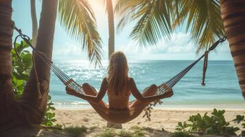 ai generado un hermosa niña en un bikini mentiras en un hamaca Entre palma arboles en el Oceano apuntalar foto