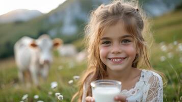 AI generated A beautiful girl with a glass of milk in her hand looks smiling at the camera photo