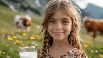 AI generated A beautiful girl with a glass of milk in her hand looks smiling at the camera photo