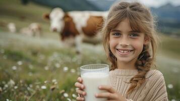 AI generated A beautiful girl with a glass of milk in her hand looks smiling at the camera photo