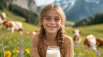 AI generated A beautiful girl with a glass of milk in her hand looks smiling at the camera photo