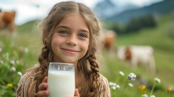 AI generated A beautiful girl with a glass of milk in her hand looks smiling at the camera photo