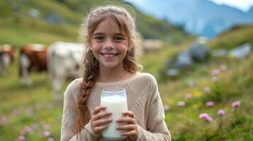 AI generated A beautiful girl with a glass of milk in her hand looks smiling at the camera photo